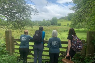 Four people looking over a fence in a field