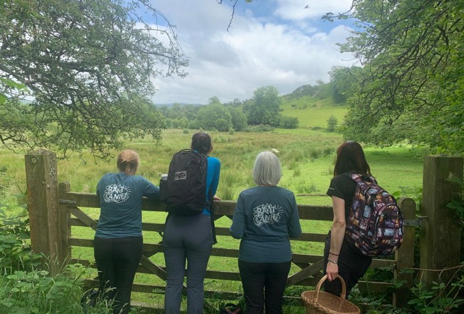 Four people looking over a fence in a field